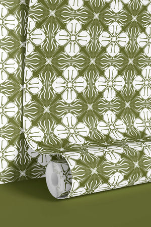 Santorini Tile wallpaper by Liberty James Studio in olive, roll showing a Mediterranean tile pattern