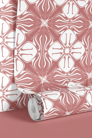 Santorini Tile wallpaper by Liberty James Studio in pink and white, a Mediterranean tile pattern above a sideboard
