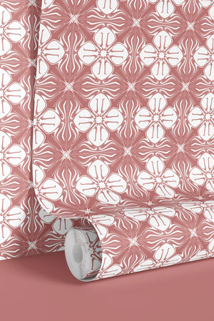 Santorini Tile wallpaper by Liberty James Studio in pink, sample roll showing a Mediterranean tile pattern