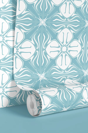 Santorini Tile wallpaper by Liberty James Studio in pale blue and white, sample roll showing a Mediterranean tile pattern