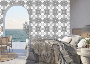 Santorini Tile wallpaper by Liberty James Studio in grey and white, roll showing a Mediterranean tile pattern