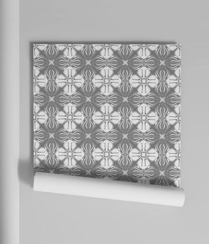 Santorini Tile wallpaper by Liberty James Studio in grey, roll showing a Mediterranean tile pattern