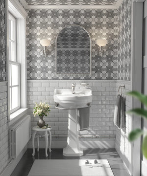 Santorini Tile wallpaper by Liberty James Studio in grey and white, a Mediterranean tile pattern in a bedroom