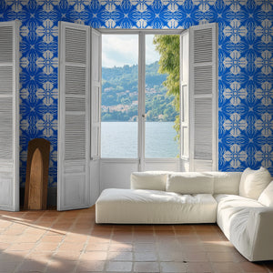 Santorini Tile wallpaper by Liberty James Studio in blue and white, a Mediterranean tile pattern in a bathroom