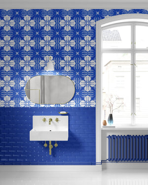 Santorini Tile wallpaper by Liberty James Studio in blue and white, roll showing a Mediterranean tile pattern