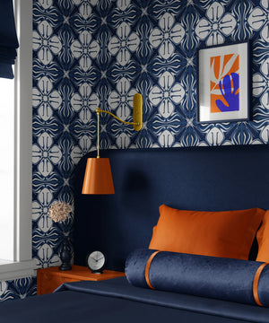 Santorini Tile wallpaper by Liberty James Studio in navy and white, sample roll showing a Mediterranean tile pattern