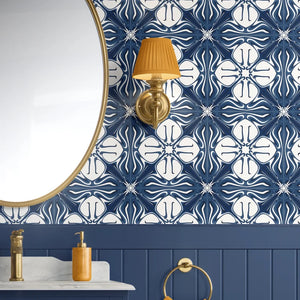 Santorini Tile wallpaper by Liberty James Studio in navy and white, roll showing a Mediterranean tile pattern