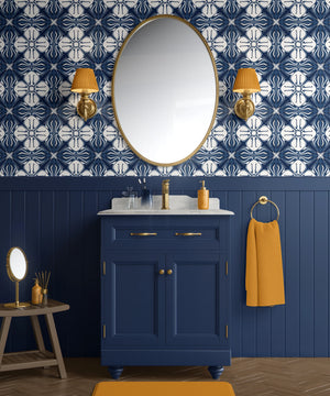 Santorini Tile wallpaper by Liberty James Studio in navy and white, a Mediterranean tile pattern on a bathroom wall