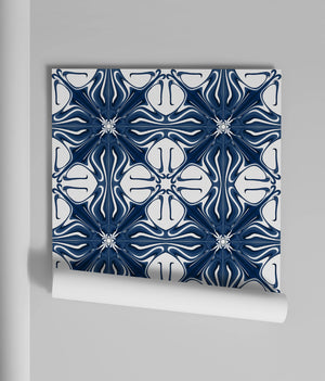 Santorini Tile wallpaper by Liberty James Studio in navy and white, a Mediterranean tile pattern in a bathroom