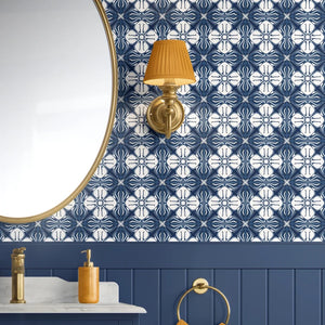 Santorini Tile wallpaper by Liberty James Studio in indigo, a Mediterranean tile pattern in a bathroom