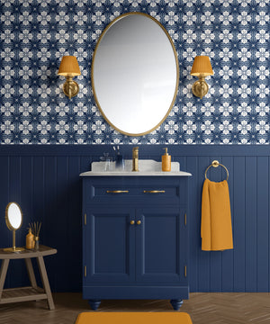 Santorini Tile wallpaper by Liberty James Studio in indigo, a Mediterranean tile pattern on a bathroom wall