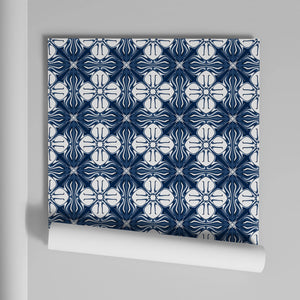 Santorini Tile wallpaper by Liberty James Studio in indigo, roll showing a Mediterranean tile pattern