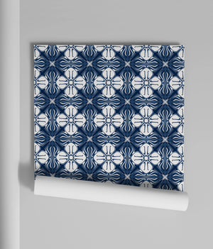 Santorini Tile wallpaper by Liberty James Studio in indigo, roll showing a Mediterranean tile pattern