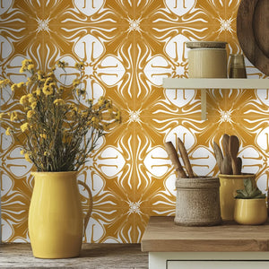 Santorini Tile wallpaper by Liberty James Studio in ochre and white, sample roll showing a Mediterranean tile pattern