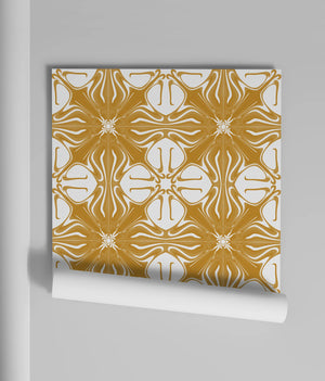 Santorini Tile wallpaper by Liberty James Studio in ochre and white, a Mediterranean tile pattern behind bar stools