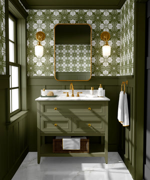 Santorini Tile wallpaper by Liberty James Studio in olive green and white, sample roll showing a Mediterranean tile pattern