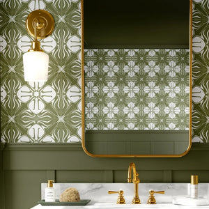 Santorini Tile wallpaper by Liberty James Studio in olive green and white, a Mediterranean tile pattern in a kitchen