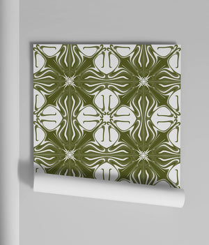 Santorini Tile wallpaper by Liberty James Studio in olive green and white, roll showing a Mediterranean tile pattern