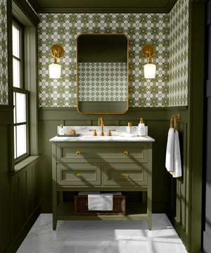 Santorini Tile wallpaper by Liberty James Studio in olive, a Mediterranean tile pattern in a bathroom
