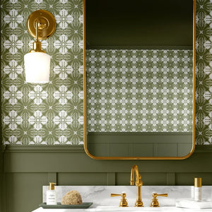 Santorini Tile wallpaper by Liberty James Studio in olive, a Mediterranean tile pattern in a bathroom setting