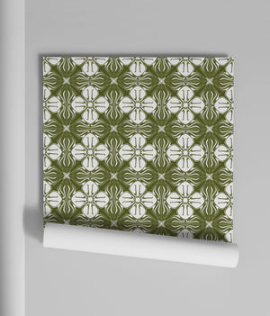 Santorini Tile wallpaper by Liberty James Studio in olive, sample roll showing a Mediterranean tile pattern