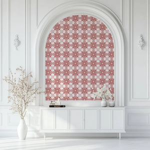 Santorini Tile wallpaper by Liberty James Studio in pink and white, a Mediterranean tile pattern in a child's room