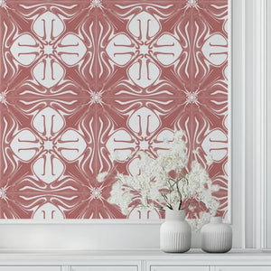 Santorini Tile wallpaper by Liberty James Studio in pink and white, a Mediterranean tile pattern above a cabinet