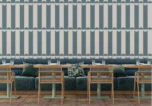 Scallop Lane wallpaper by Liberty James Studio in slate blue and cream, scalloped stripes in a dining area