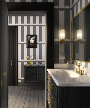 Scallop Lane wallpaper by Liberty James Studio in charcoal and white, sample roll showing scalloped stripes