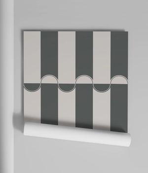 Scallop Lane wallpaper by Liberty James Studio in charcoal and white, roll showing scalloped stripes