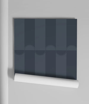 Scallop Lane wallpaper by Liberty James Studio in navy, sample roll showing scalloped stripes