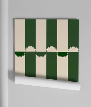 Scallop Lane wallpaper by Liberty James Studio in green, roll showing scalloped stripes