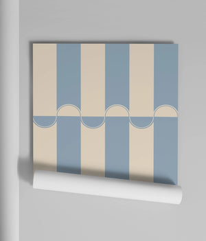 Scallop Lane wallpaper by Liberty James Studio in blue, sample roll showing scalloped stripes