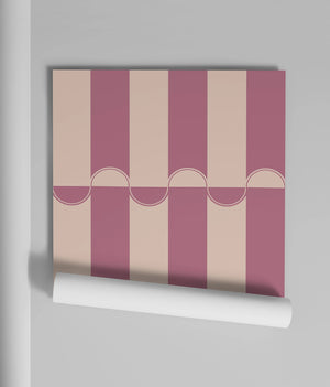Scallop Lane wallpaper by Liberty James Studio in pink, roll showing scalloped stripes
