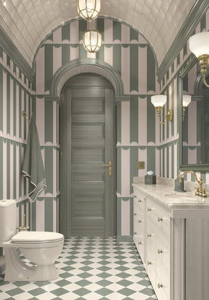 Scallop Lane wallpaper by Liberty James Studio in sage green, scalloped stripes on a bathroom wall