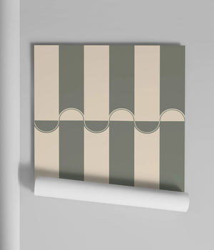 Scallop Lane wallpaper by Liberty James Studio in sage green, sample roll showing scalloped stripes