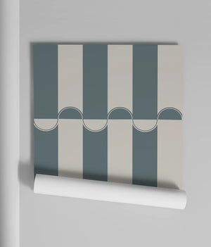 Scallop Lane wallpaper by Liberty James Studio in slate blue and cream, sample roll showing scalloped stripes