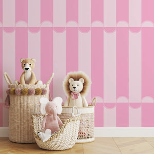 Scallop Lane wallpaper by Liberty James Studio in pink, scalloped stripes in a child's room