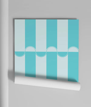 Scallop Lane wallpaper by Liberty James Studio in turquoise and white, roll showing scalloped stripes
