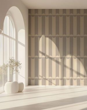 Scallop Lane wallpaper by Liberty James Studio in grey, scalloped stripes on a feature wall