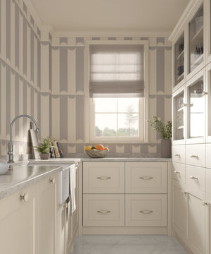 Scallop Lane wallpaper by Liberty James Studio in grey, scalloped stripes in a kitchen