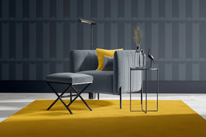 Scallop Lane wallpaper by Liberty James Studio in navy, scalloped stripes on a bathroom wall