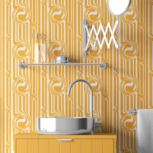 Popsicle wallpaper by Liberty James Studio in yellow, wavy popsicle stripes on a bathroom wall