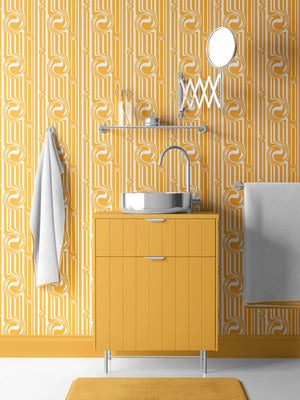 Popsicle wallpaper by Liberty James Studio in yellow, wavy popsicle stripes in a bathroom setting