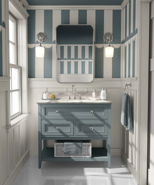 Scallop Lane wallpaper by Liberty James Studio in slate blue and cream, scalloped stripes in a bathroom