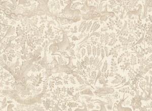Fablewood wallpaper by Deus ex Gardenia in cream, flat sample of a storybook woodland toile