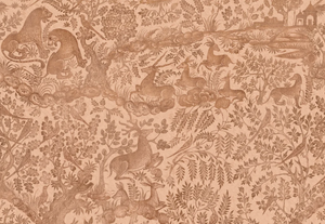 Fablewood wallpaper by Deus ex Gardenia in terracotta, full repeat of a storybook woodland toile
