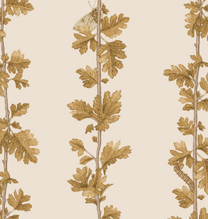 Hawthorn Stripe wallpaper by Studio Le Cocq in gold, full repeat of trailing hawthorn stripes