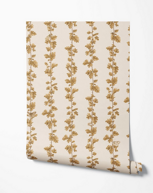 Hawthorn Stripe wallpaper by Studio Le Cocq in gold, roll showing trailing hawthorn stripes
