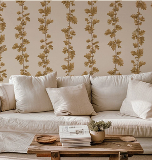 Hawthorn Stripe wallpaper by Studio Le Cocq in gold, trailing hawthorn stripes in a living room